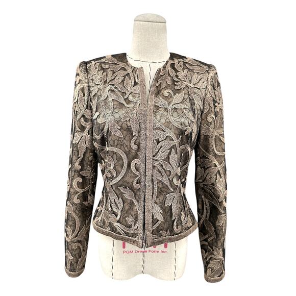Carmen Marc Valvo Grey Floral Long Sleeves Embroidered Lace Jacket Size 2 - Picture 1 of 9